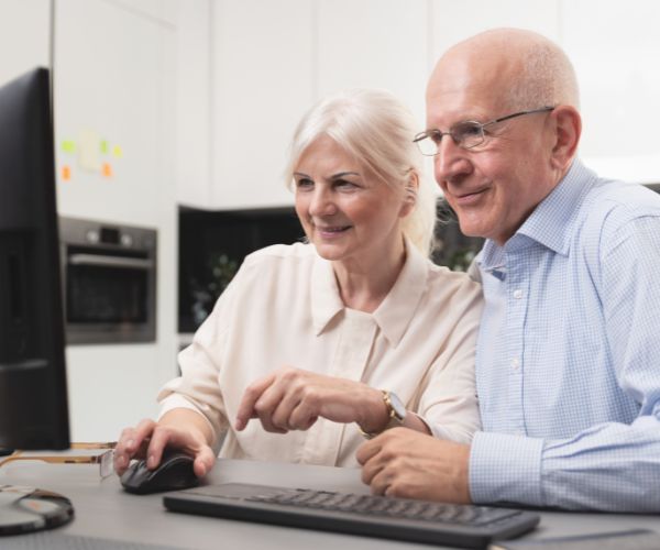 Senior couple reviewing their retirement account paperwork and discussing IRA withdrawal options.